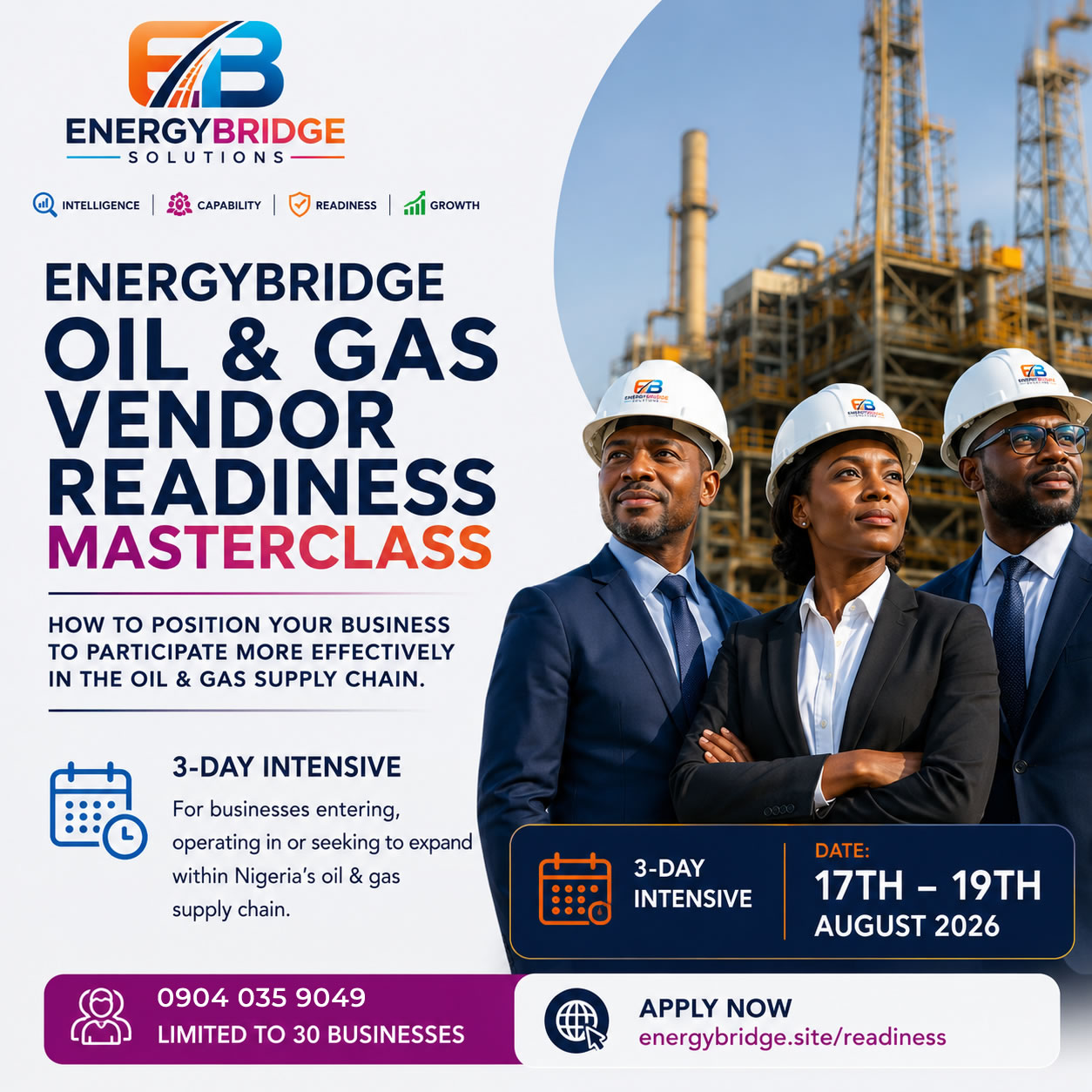 EnergyBridge Oil & Gas Vendor Readiness Masterclass flyer, 17th to 19th August 2026